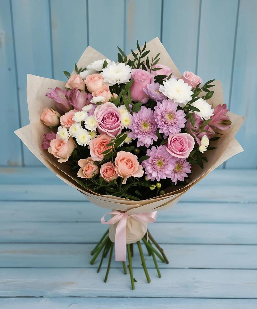 Букет цветов из: Хризантемы, Розы и Альстромерии в Балтаси