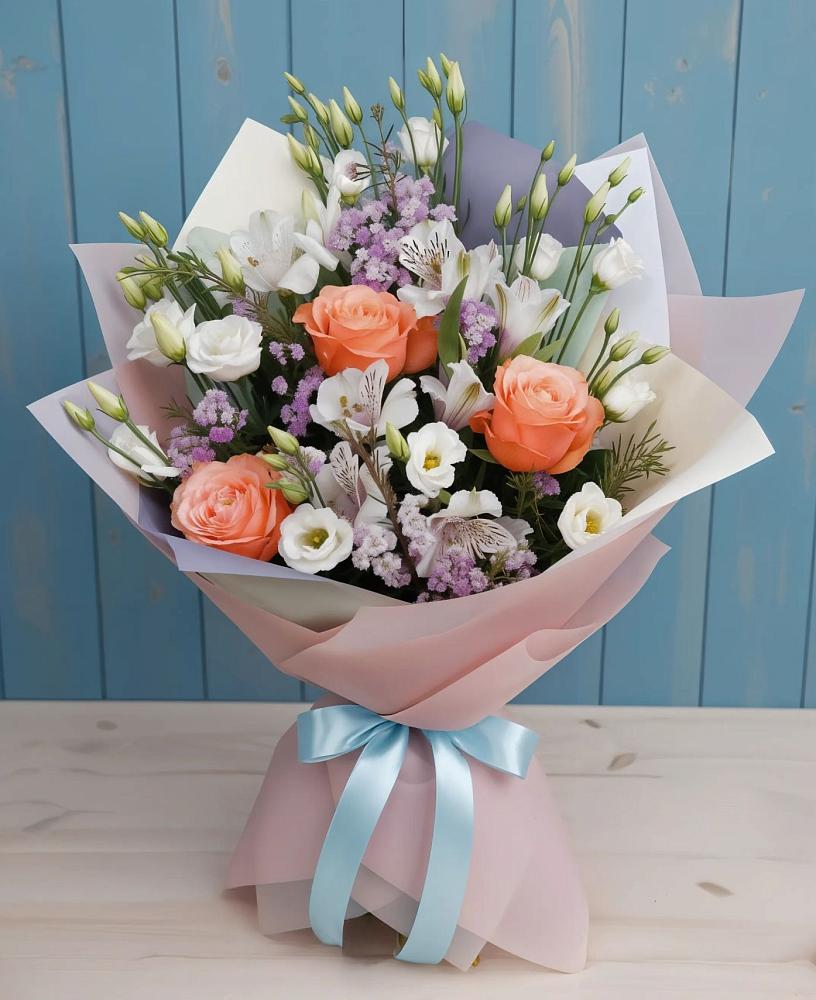 Букет цветов из: Лизиантусы, Розы, Альстромерии и Гипсофила в Балтаси