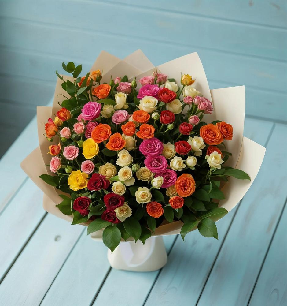Букет Микс из разноцветных кустовых роз в Балтаси
