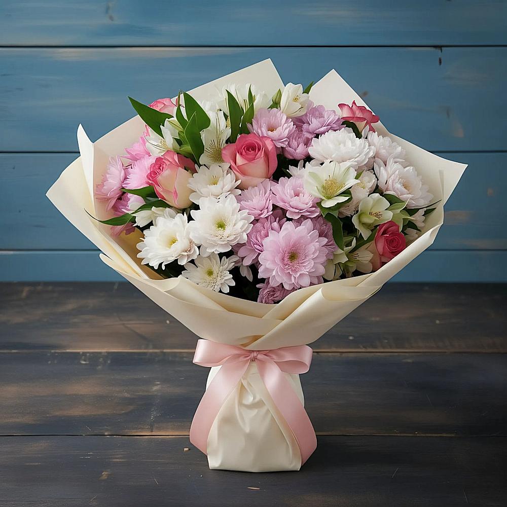 Букет цветов из: Хризантемы, Альстромерии и Розы в Балтаси